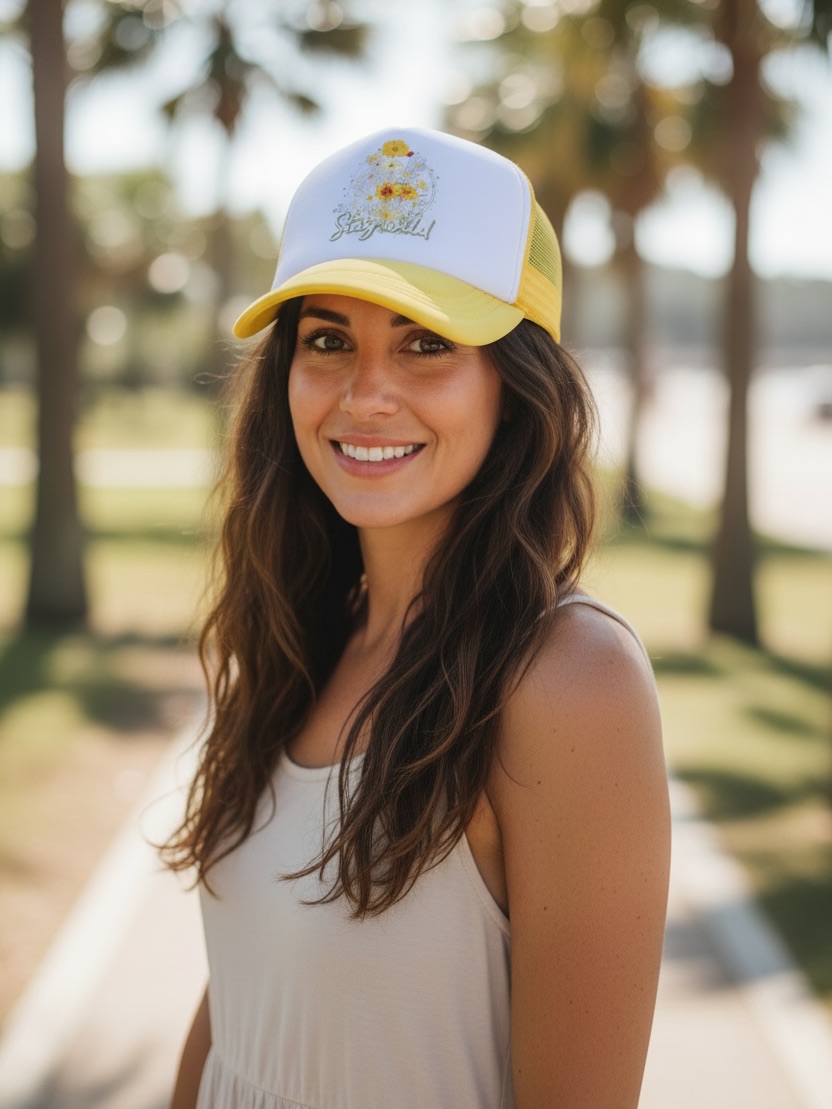 Yellow And White Women's Trucker Hat - Stay Wild Floral Design